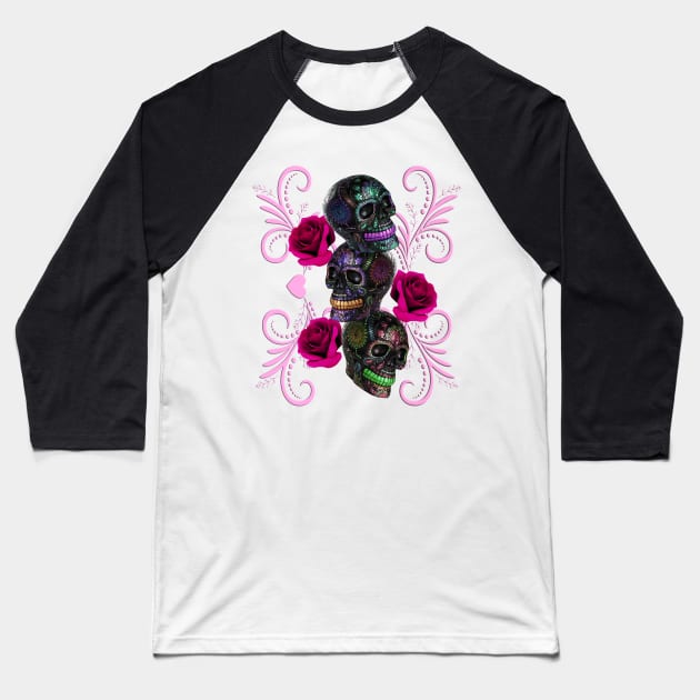 Triple Black Day Of The Dead Skulls Pink Roses Baseball T-Shirt by Atteestude